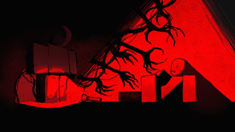 Intérieur d'épreuve rouge avec des Survivants, une lampe au sol et des vrilles d'ombre